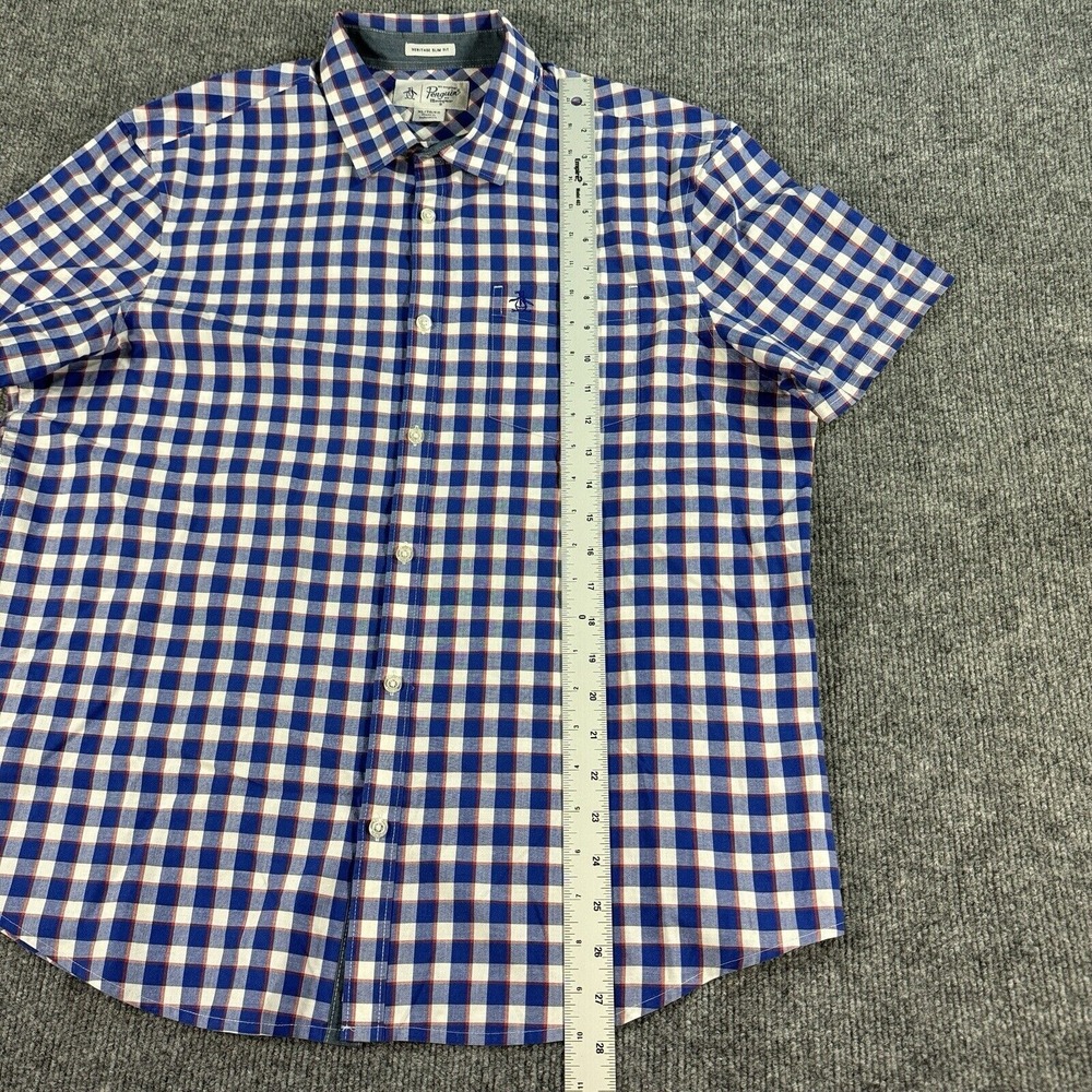 Penguin Shirt Mens XL‎ Blue Heritage Slim Fit Check Short Sleeve Button - Picture 7 of 8